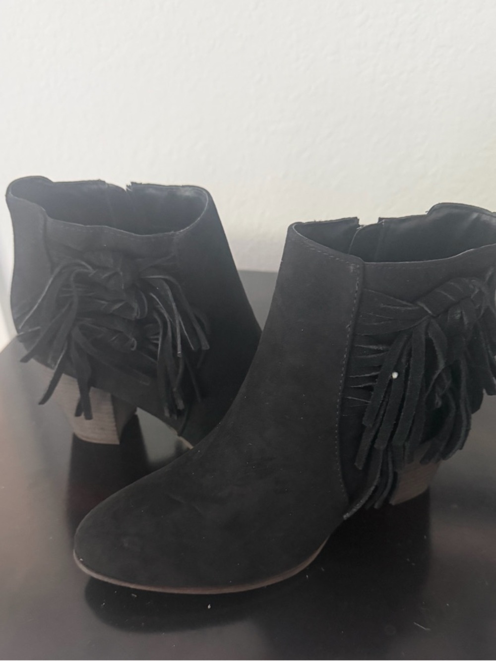 Fergalicious Black Suede Fringe Ankle Boots - Women's Block Heel Western Boho